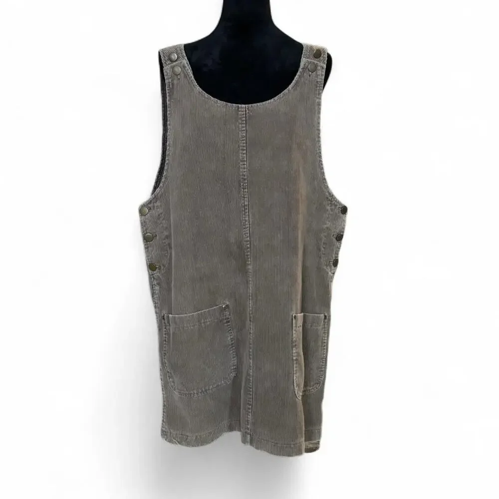 Corduroy Brown Utility Pinafore Dress – Cottagecore Workwear [L] - Picture 6 of 8